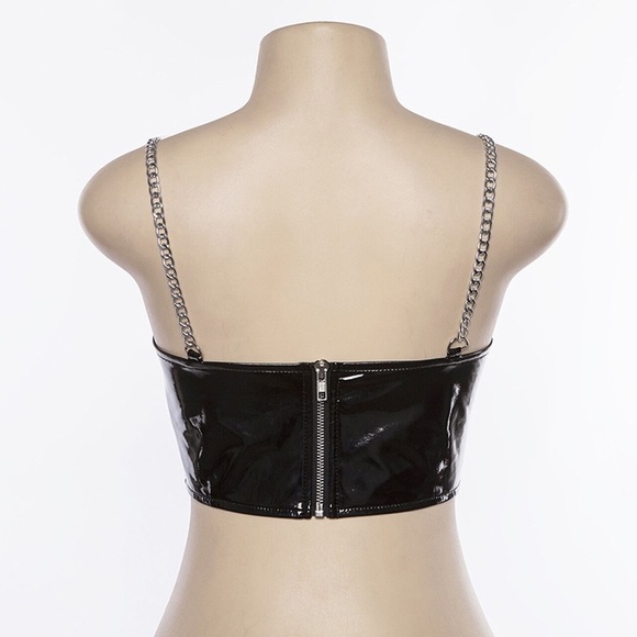Women V-Neck PU Leather Metal Chain Strap Crop Top - Picture 3 of 6